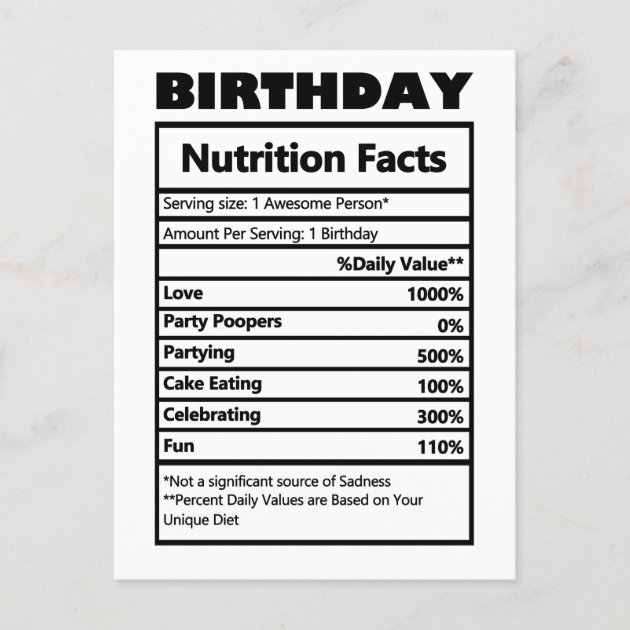 Funny Birthday Nutrition Facts Postcard